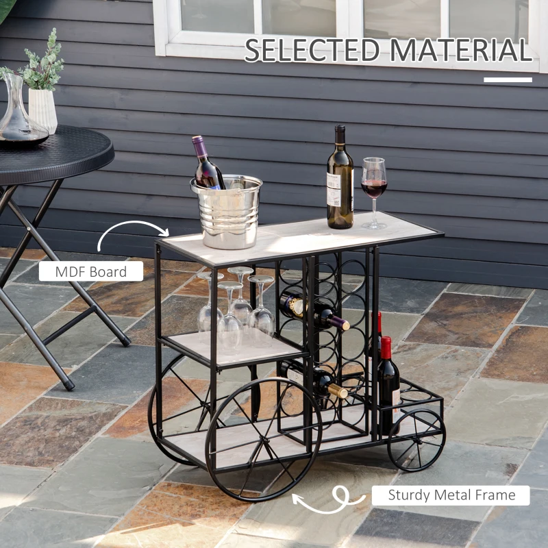 HomCom 16-Bottle Mobile Bar Cart with Wine Rack Storage, Featuring an Elegant Design & Three Shelves for Storage/Display