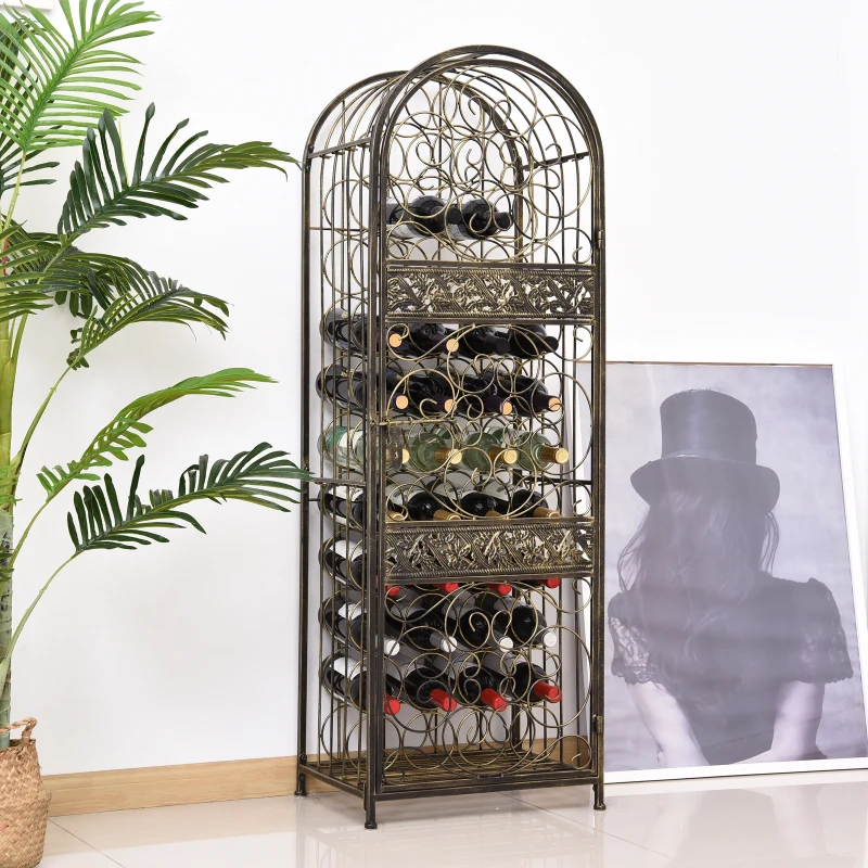 HOMCOM 45 Bottle Wrought Iron Lockable Industrial Free Standing Wine Rack Jail, Antique Bronze