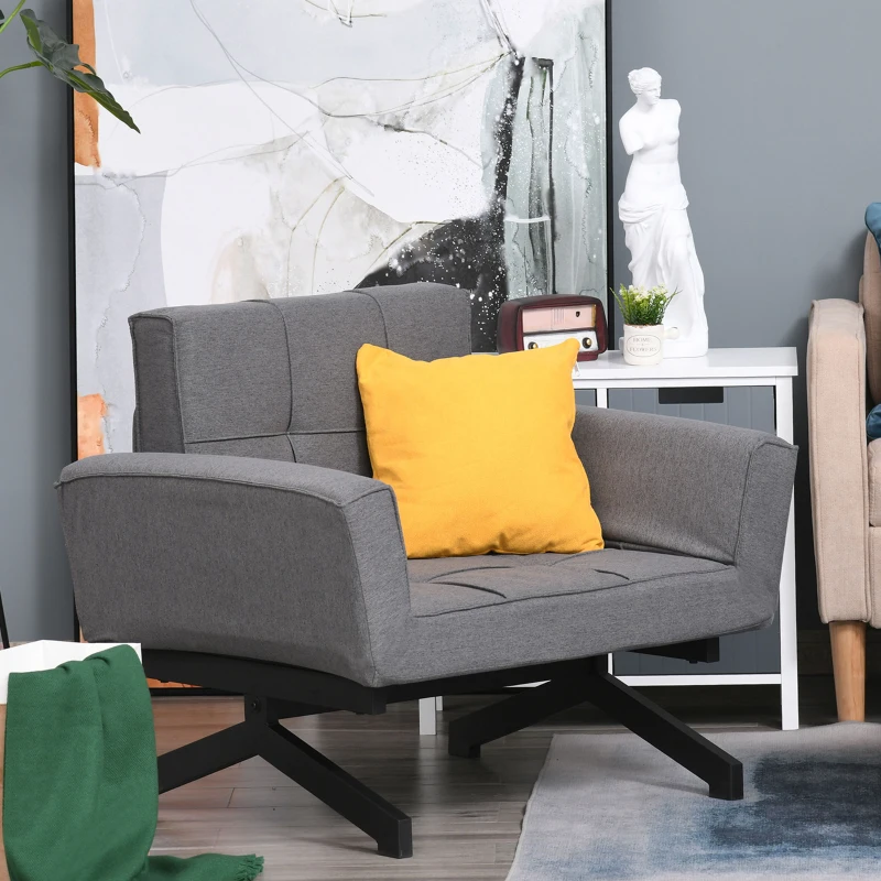 HOMCOM Convertible Accent Chair Single Sofa with Upholstered Fabric Cushion and Steel Legs for Compact Living Room, Grey