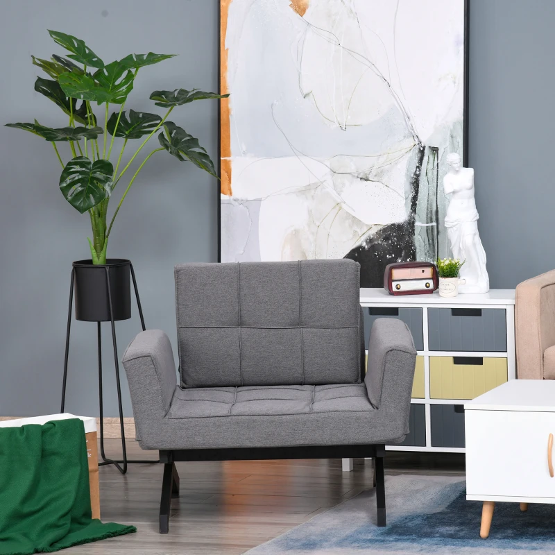 HOMCOM Convertible Accent Chair Single Sofa with Upholstered Fabric Cushion and Steel Legs for Compact Living Room, Grey