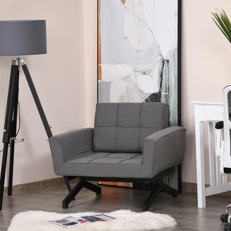 HOMCOM Convertible Accent Chair Single Sofa with Upholstered Fabric Cushion and Steel Legs for Compact Living Room, Grey