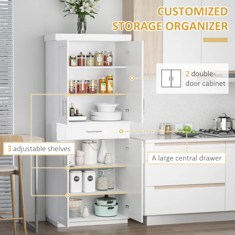 HOMCOM Modern Kitchen Pantry Freestanding Cabinet Cupboard with Doors and Drawer, Adjustable Shelving, White