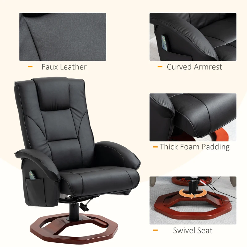 HOMCOM Massage Recliner Chair with Ottoman, Electric Faux Leather Recliner with 10 Vibration Points, Swivel Reclining Chair with Remote Control, Wood Base and Side Pocket, Black