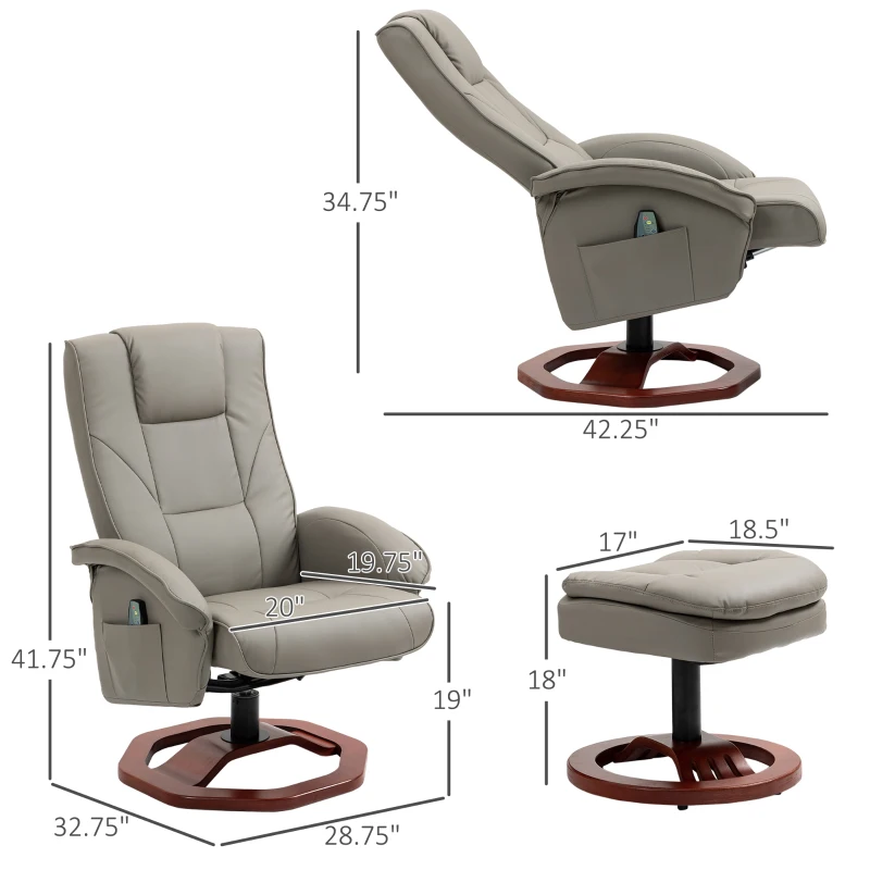 HOMCOM Massage Recliner Chair with Ottoman, Electric Faux Leather Recliner with 10 Vibration Points, Swivel Reclining Chair with Remote Control, Wood Base and Side Pocket, Grey