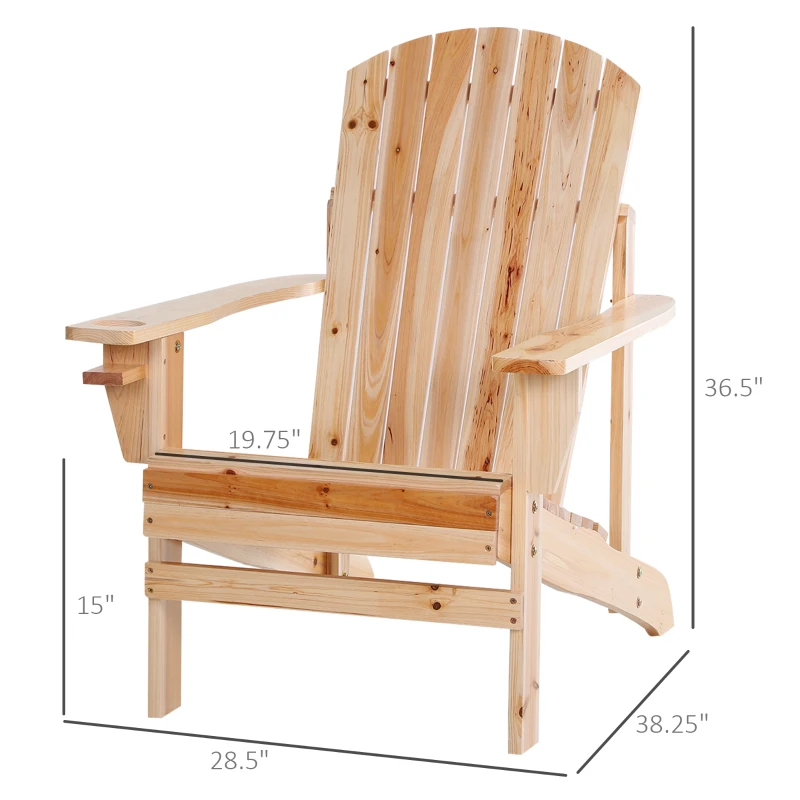 Outsunny Oversized Adirondack Chair, Outdoor Fire Pit and Porch Seating, Classic Log Lounge w/ Built-in Cupholder, Natural Wood