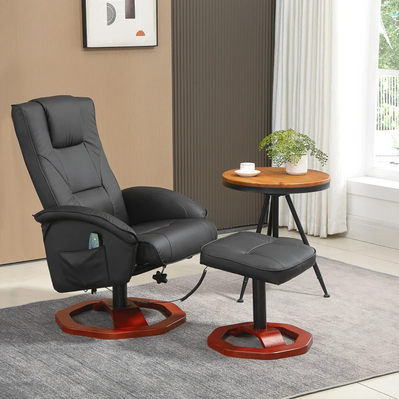 HOMCOM Massage Recliner Chair with Ottoman, Electric Faux Leather Recliner with 10 Vibration Points, Swivel Reclining Chair with Remote Control, Wood Base and Side Pocket, Black