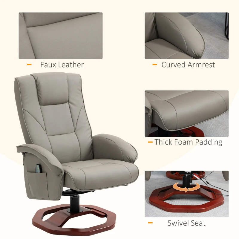 HOMCOM Massage Recliner Chair with Ottoman, Electric Faux Leather Recliner with 10 Vibration Points, Swivel Reclining Chair with Remote Control, Wood Base and Side Pocket, Grey