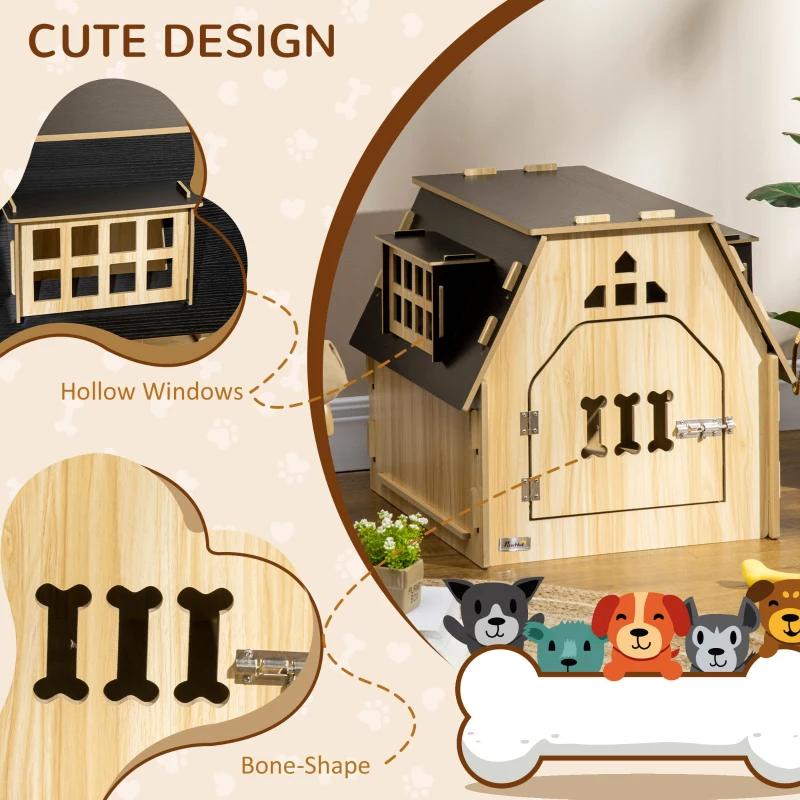 PawHut Cottage Design Small Dog House Indoor with Roomy Interior, Cute Wooden Pet Homee with Windows, Lockable Door with Bone Shape, for Small Sized Dog, Oak