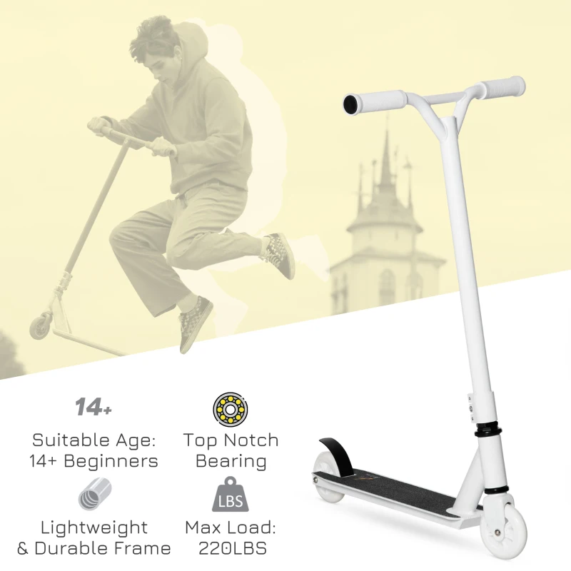 Aosom Stunt Scooter, Pro Scooter, Entry Level Freestyle Scooter w/ Lightweight Alloy Deck for 14 Years and Up Teens, Adults, White