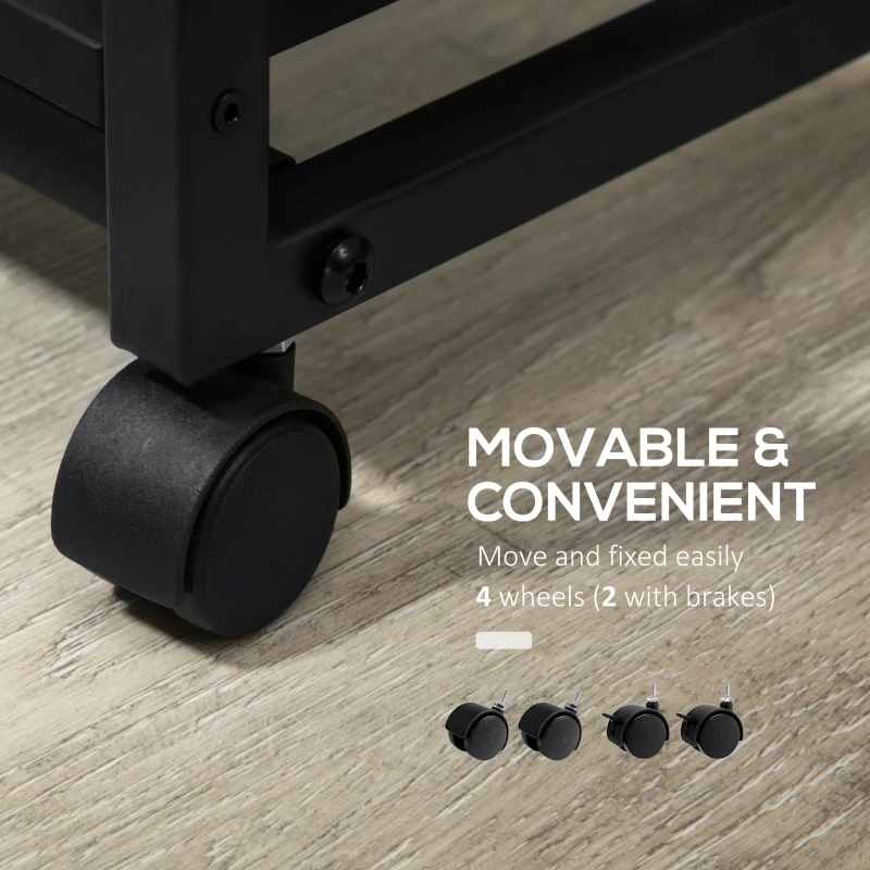 HOMCOM C Shaped End Table with Storage Shelves, Mobile Side Table with Wheels for Sofa Couch, Bed, Metal Frame, Black