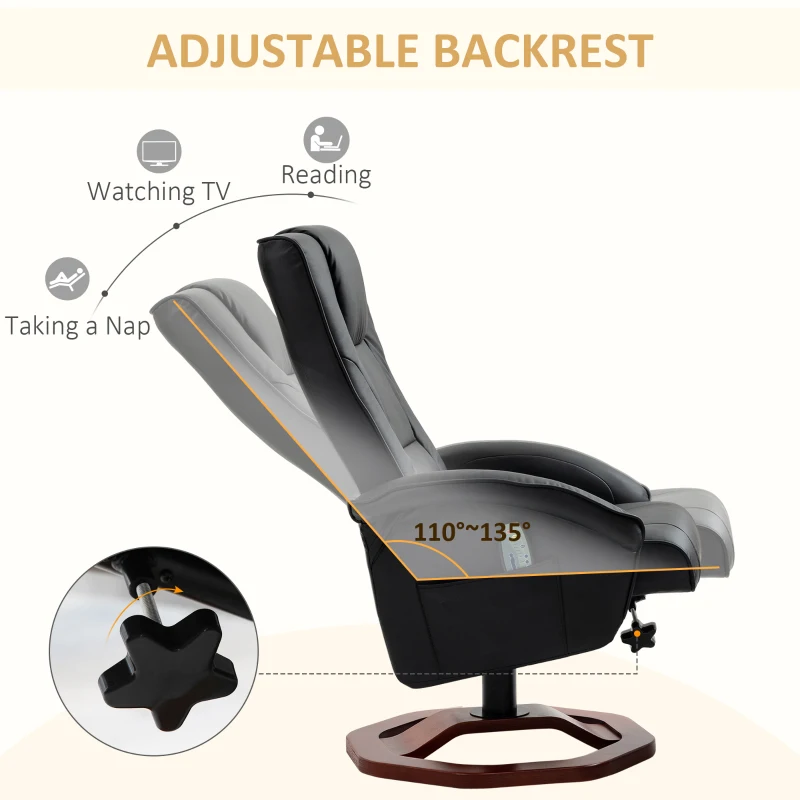 HOMCOM Massage Recliner Chair with Ottoman, Electric Faux Leather Recliner with 10 Vibration Points, Swivel Reclining Chair with Remote Control, Wood Base and Side Pocket, Black