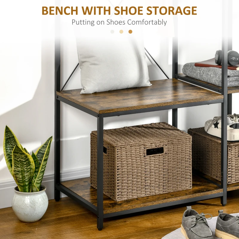 HOMCOM Industrial Hall Tree with Side Storage Shelves, Entryway Bench with Coat Rack, Freestanding Coat Tree with Shoe Storage and Hooks, Rustic Brown