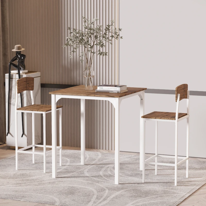 HOMCOM 3 Piece Industrial Counter Height Dining Table Set, Bar Table & Chairs with Steel Legs & Footrests, White