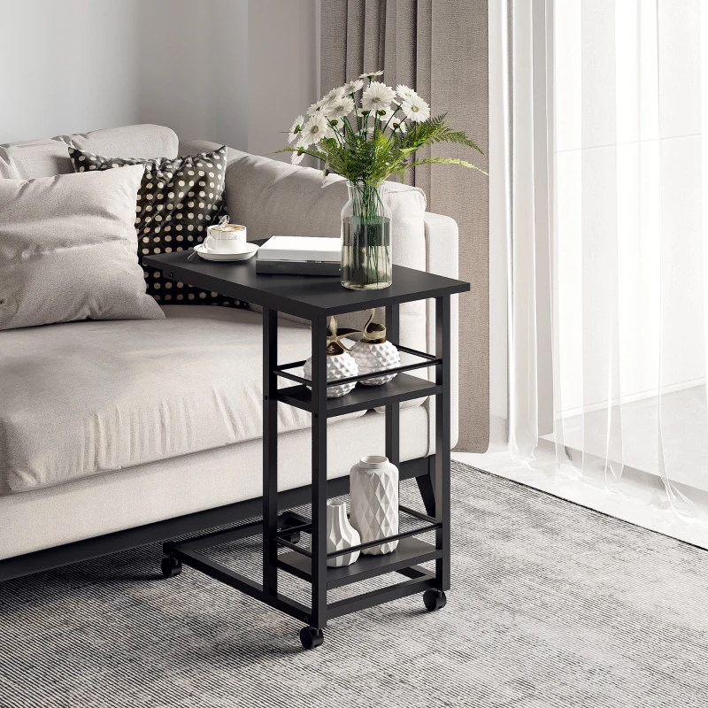 HOMCOM C Shaped End Table with Storage Shelves, Mobile Side Table with Wheels for Sofa Couch, Bed, Metal Frame, Black