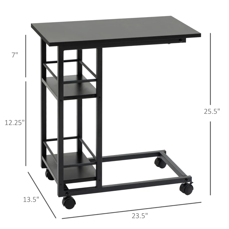 HOMCOM C Shaped End Table with Storage Shelves, Mobile Side Table with Wheels for Sofa Couch, Bed, Metal Frame, Black