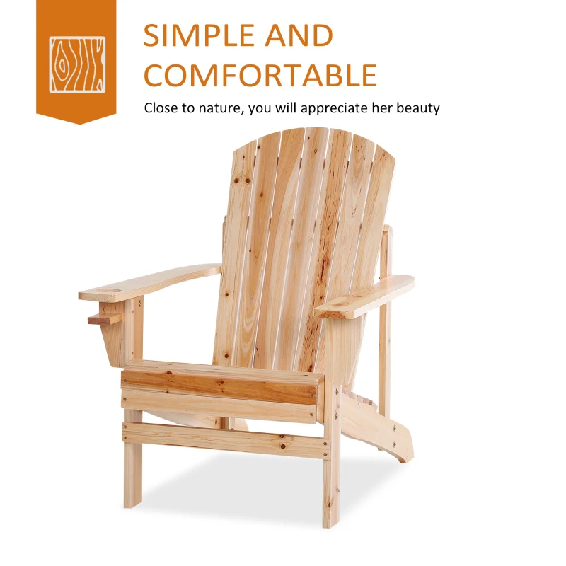 Outsunny Oversized Adirondack Chair, Outdoor Fire Pit and Porch Seating, Classic Log Lounge w/ Built-in Cupholder, Natural Wood