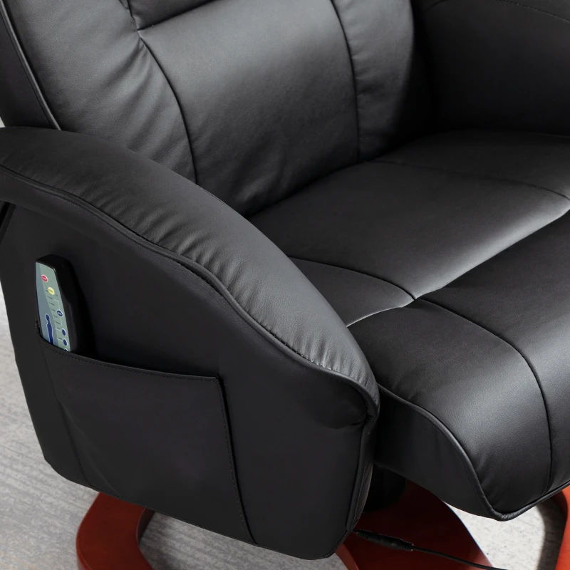 HOMCOM Massage Recliner Chair with Ottoman, Electric Faux Leather Recliner with 10 Vibration Points, Swivel Reclining Chair with Remote Control, Wood Base and Side Pocket, Black