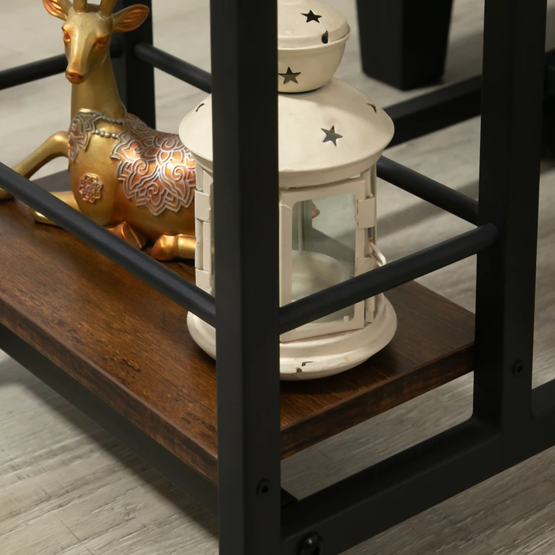 HOMCOM C Shaped End Table with Storage Shelves, Mobile Side Table with Wheels for Sofa Couch, Bed, Metal Frame, Rustic Brown