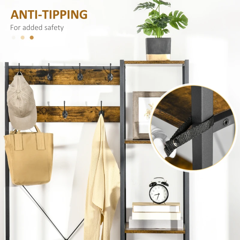 HOMCOM Industrial Hall Tree with Side Storage Shelves, Entryway Bench with Coat Rack, Freestanding Coat Tree with Shoe Storage and Hooks, Rustic Brown