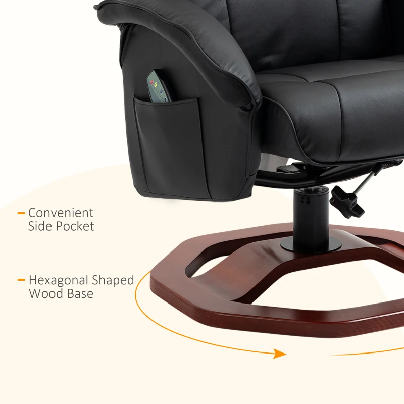 HOMCOM Massage Recliner Chair with Ottoman, Electric Faux Leather Recliner with 10 Vibration Points, Swivel Reclining Chair with Remote Control, Wood Base and Side Pocket, Black