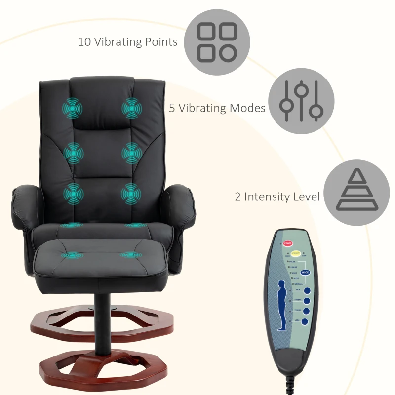 HOMCOM Massage Recliner Chair with Ottoman, Electric Faux Leather Recliner with 10 Vibration Points, Swivel Reclining Chair with Remote Control, Wood Base and Side Pocket, Black