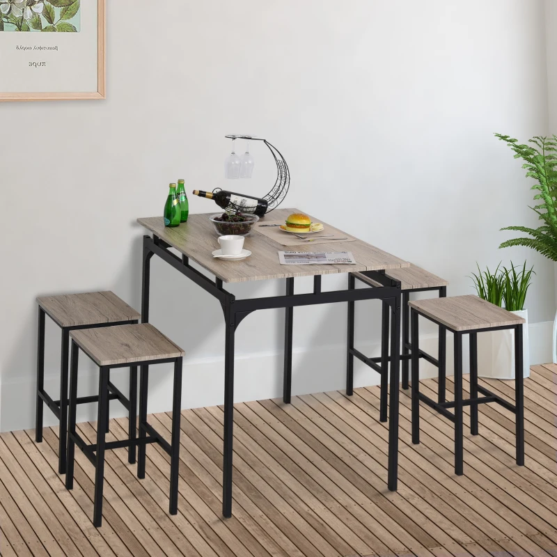 HOMCOM 5 Piece Modern Dining Table and 4 Stools Industrial Dining Set with Footrest & Metal Legs, For Kitchen, Natural