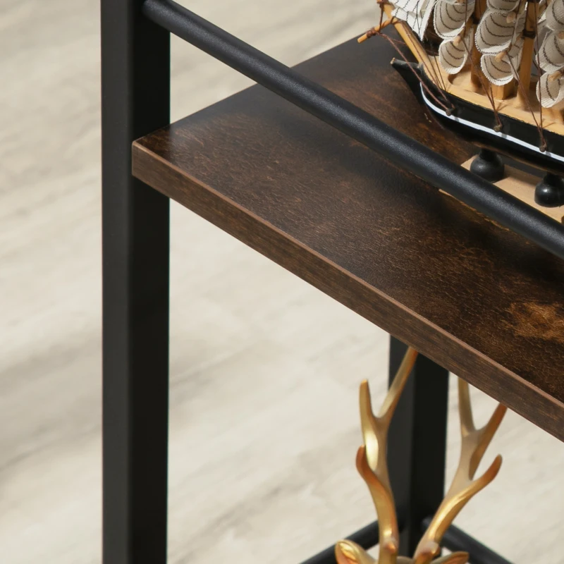 HOMCOM C Shaped End Table with Storage Shelves, Mobile Side Table with Wheels for Sofa Couch, Bed, Metal Frame, Rustic Brown