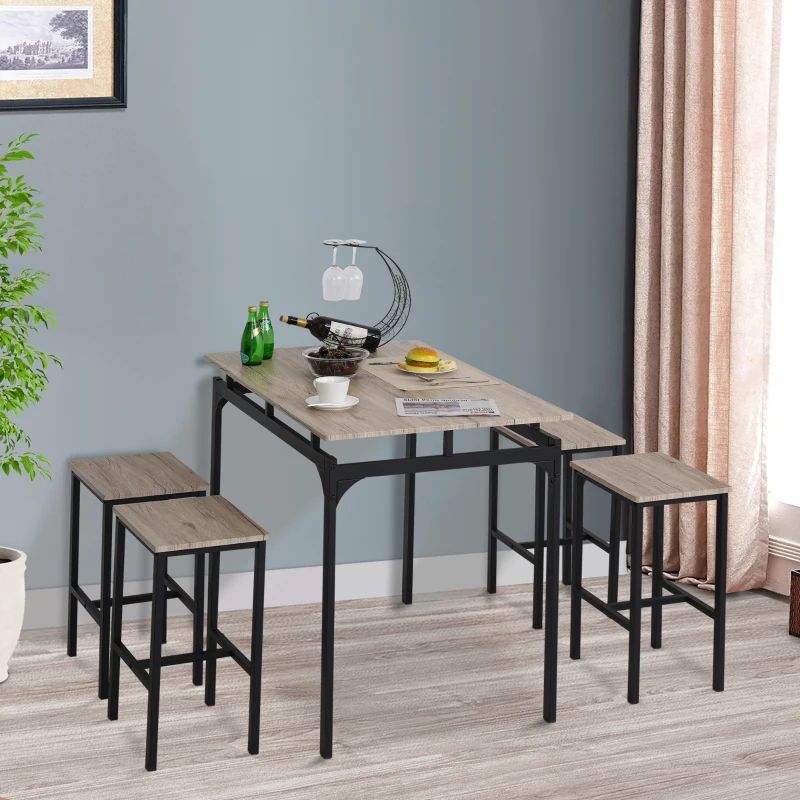 HOMCOM 5 Piece Modern Dining Table and 4 Stools Industrial Dining Set with Footrest & Metal Legs, For Kitchen, Natural