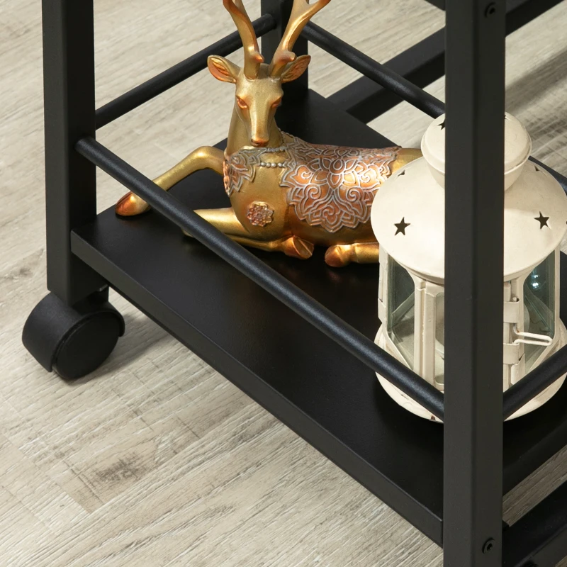 HOMCOM C Shaped End Table with Storage Shelves, Mobile Side Table with Wheels for Sofa Couch, Bed, Metal Frame, Black