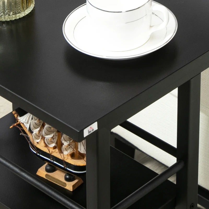 HOMCOM C Shaped End Table with Storage Shelves, Mobile Side Table with Wheels for Sofa Couch, Bed, Metal Frame, Black