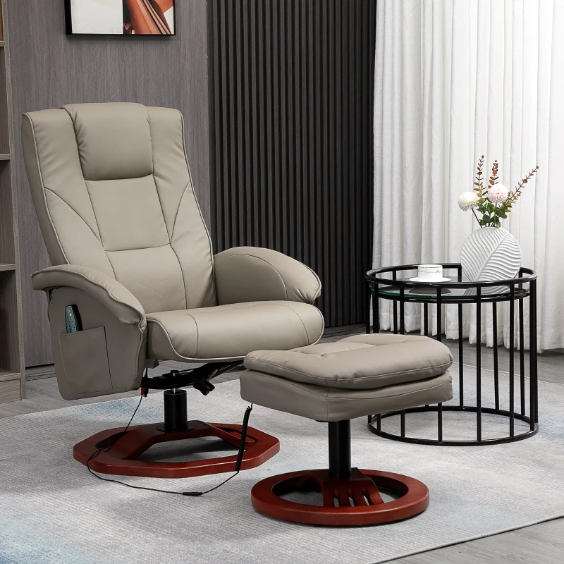 HOMCOM Massage Recliner Chair with Ottoman, Electric Faux Leather Recliner with 10 Vibration Points, Swivel Reclining Chair with Remote Control, Wood Base and Side Pocket, Grey