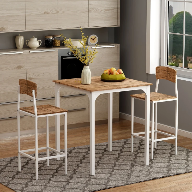 HOMCOM 3 Piece Industrial Counter Height Dining Table Set, Bar Table & Chairs with Steel Legs & Footrests, White