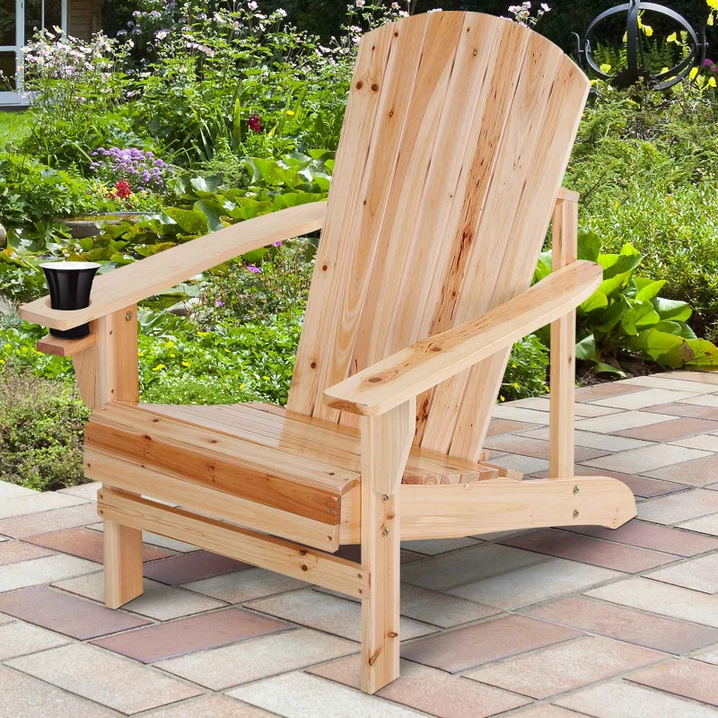 Outsunny Oversized Adirondack Chair, Outdoor Fire Pit and Porch Seating, Classic Log Lounge w/ Built-in Cupholder, Natural Wood