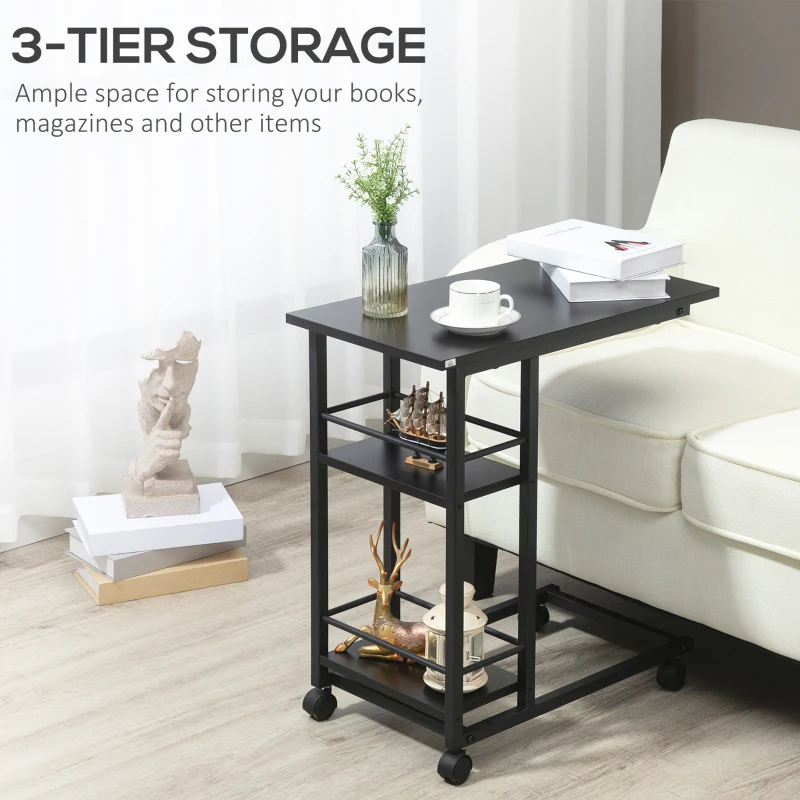 HOMCOM C Shaped End Table with Storage Shelves, Mobile Side Table with Wheels for Sofa Couch, Bed, Metal Frame, Black