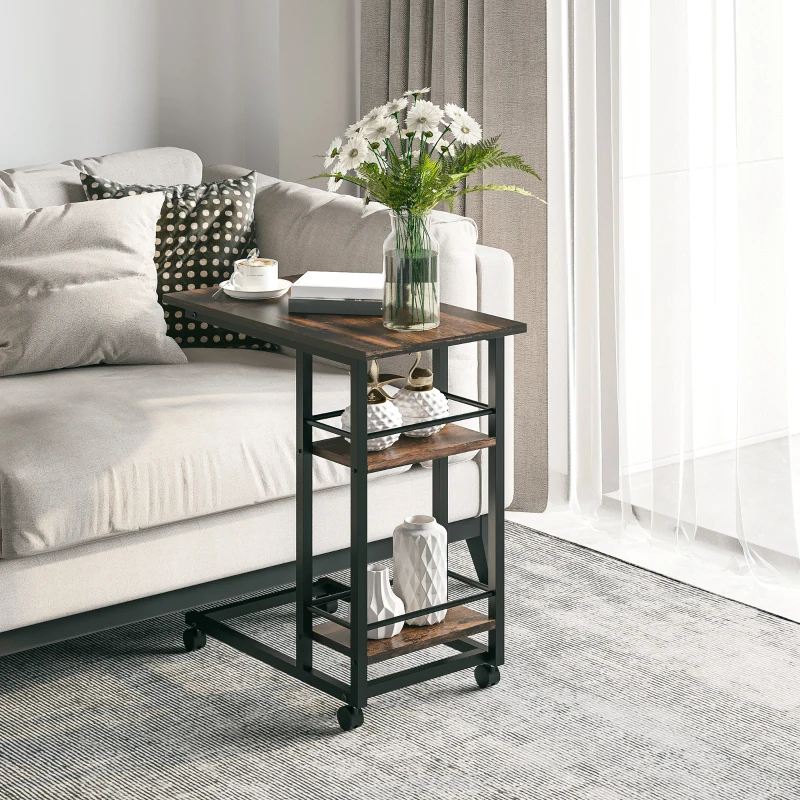 HOMCOM C Shaped End Table with Storage Shelves, Mobile Side Table with Wheels for Sofa Couch, Bed, Metal Frame, Rustic Brown