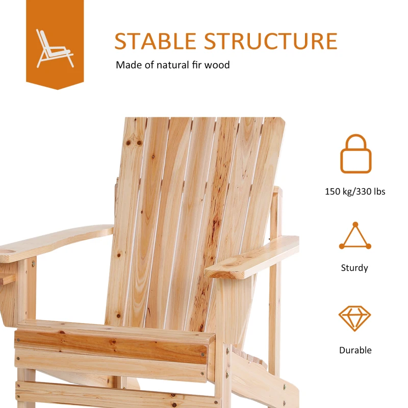 Outsunny Oversized Adirondack Chair, Outdoor Fire Pit and Porch Seating, Classic Log Lounge w/ Built-in Cupholder, Natural Wood