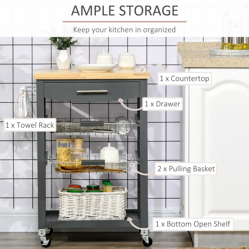 HOMCOM 3-Tier Kitchen Cart, Utility Cart with Solid Wood Top, Steel Basket, Rolling Kitchen Island with Drawer, Microwave Stand, Gray