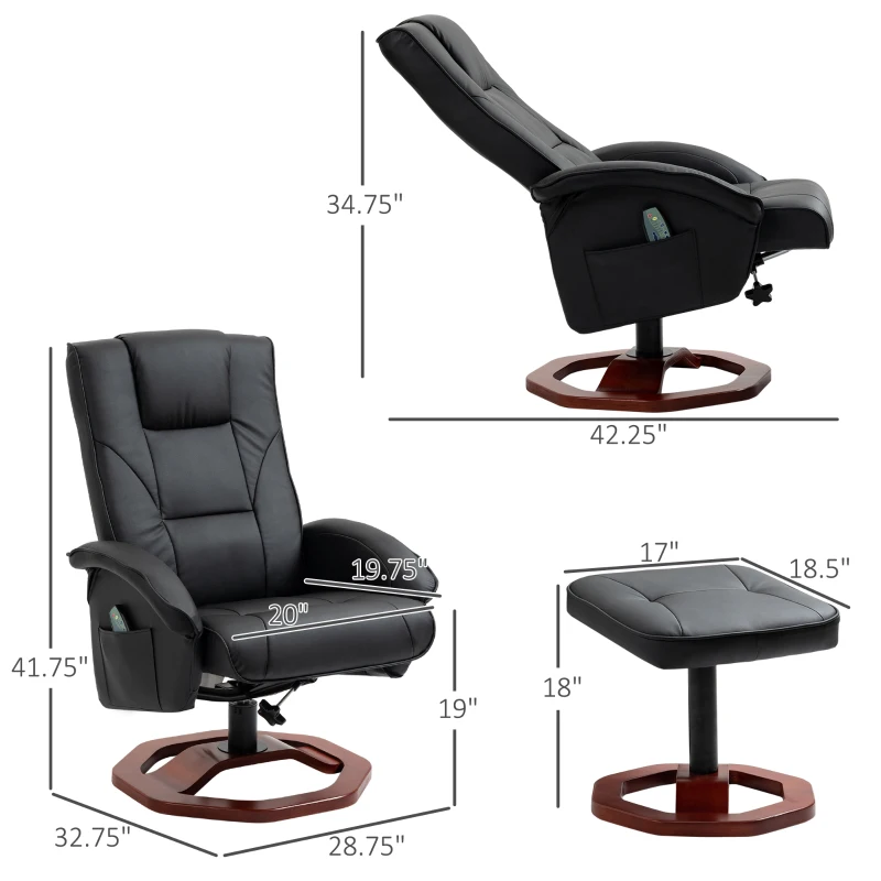 HOMCOM Massage Recliner Chair with Ottoman, Electric Faux Leather Recliner with 10 Vibration Points, Swivel Reclining Chair with Remote Control, Wood Base and Side Pocket, Black