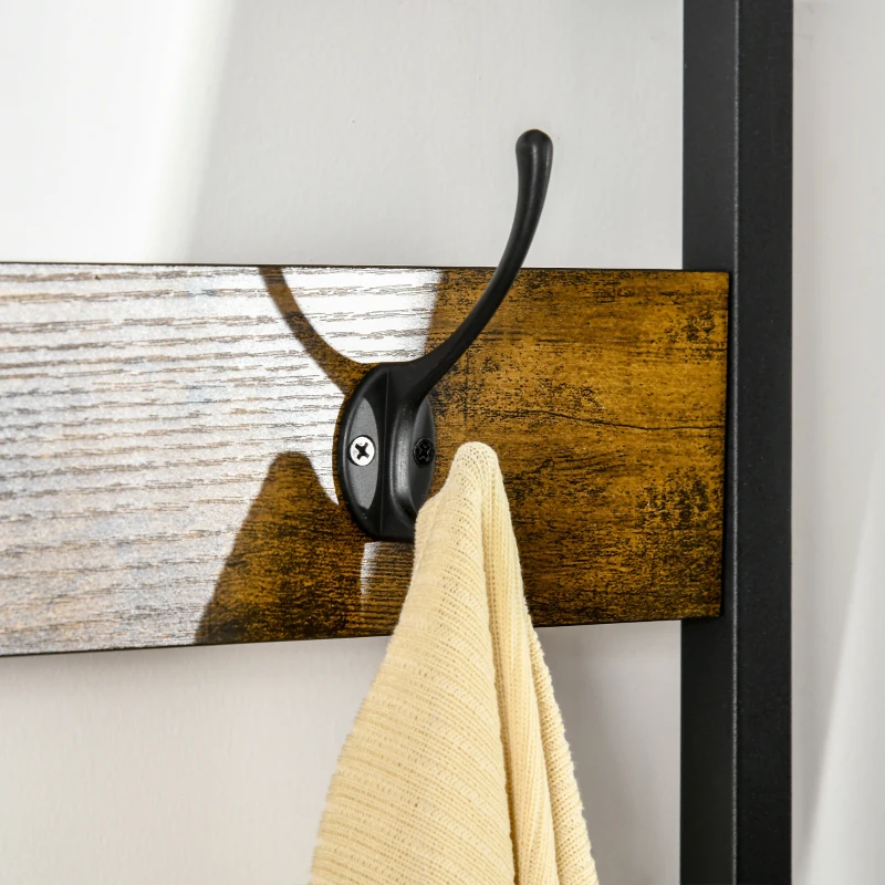 HOMCOM Industrial Hall Tree with Side Storage Shelves, Entryway Bench with Coat Rack, Freestanding Coat Tree with Shoe Storage and Hooks, Rustic Brown