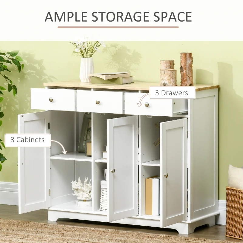 HOMCOM Modern Sideboard with Rubberwood Top, Buffet Cabinet with Storage Cabinets, Drawers and Adjustable Shelves, White