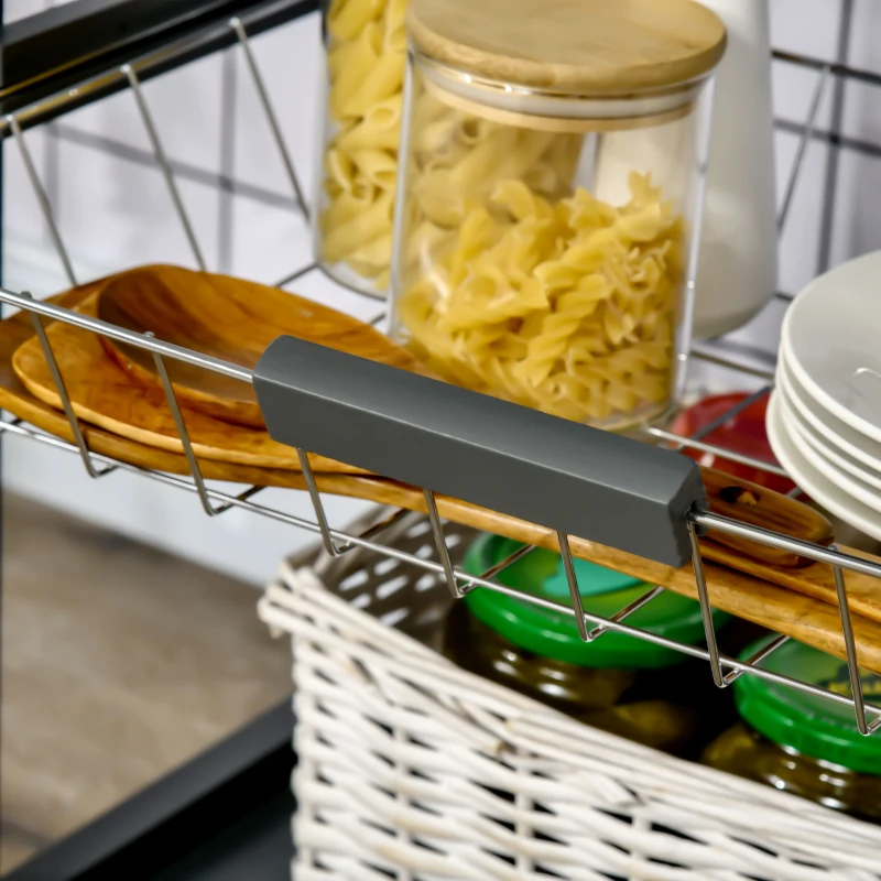 HOMCOM 3-Tier Kitchen Cart, Utility Cart with Solid Wood Top, Steel Basket, Rolling Kitchen Island with Drawer, Microwave Stand, Gray