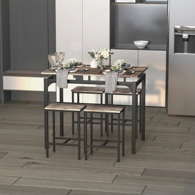 HOMCOM 5 Piece Modern Dining Table and 4 Stools Industrial Dining Set with Footrest & Metal Legs, For Kitchen, Natural
