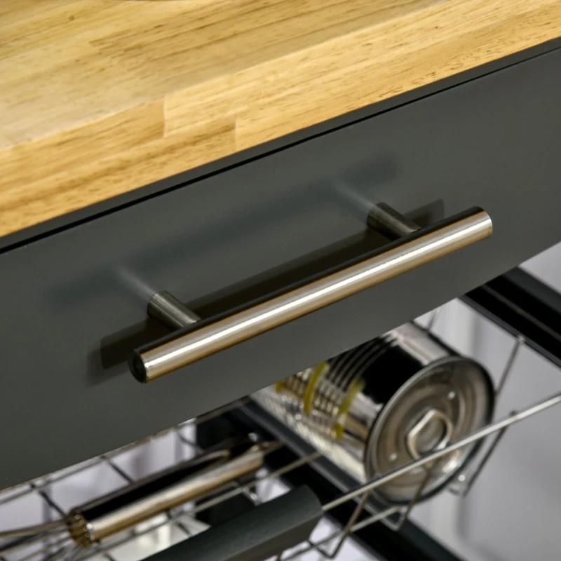 HOMCOM 3-Tier Kitchen Cart, Utility Cart with Solid Wood Top, Steel Basket, Rolling Kitchen Island with Drawer, Microwave Stand, Gray