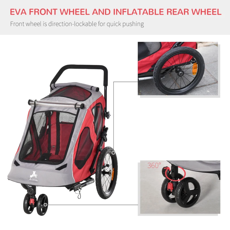 Aosom Dog Bike Trailer 2-In-1 Pet Stroller Cart Bicycle Wagon Cargo Carrier Attachment for Travel with 360 Swivel Wheel Reflectors Parking Brake Straps Cup Holder Red