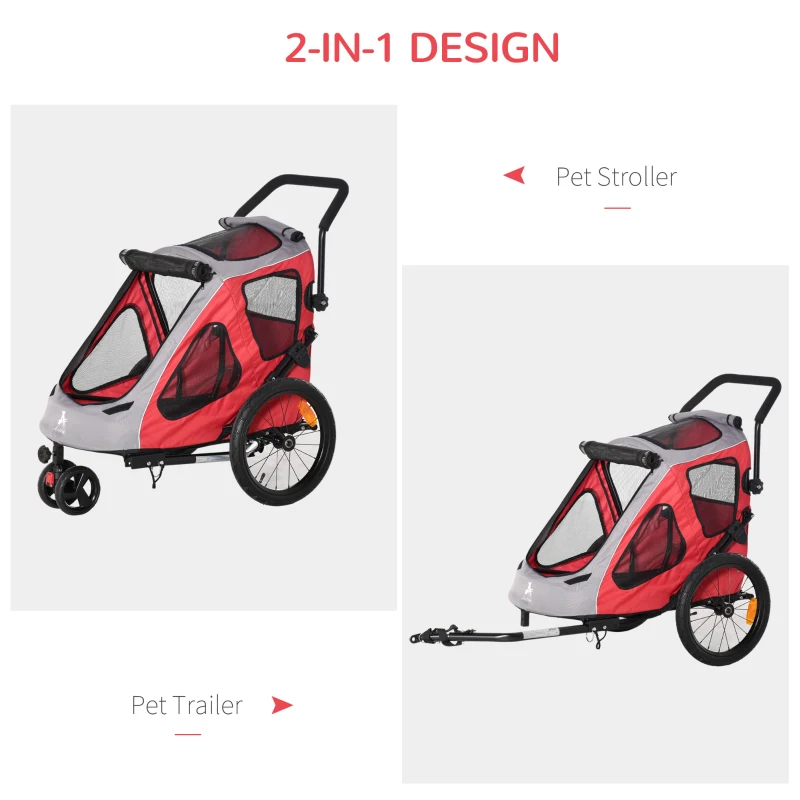 Aosom Dog Bike Trailer 2-In-1 Pet Stroller Cart Bicycle Wagon Cargo Carrier Attachment for Travel with 360 Swivel Wheel Reflectors Parking Brake Straps Cup Holder Red