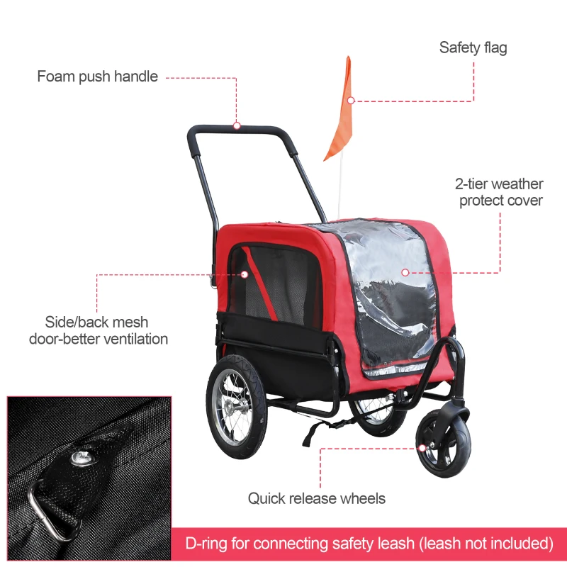 Aosom Dog Bike Trailer 2-In-1 Pet Stroller Cart Bicycle Wagon Cargo Carrier Attachment for Travel with 360 Swivel Wheel, Hitch, Suspension, Safety Flag, Red