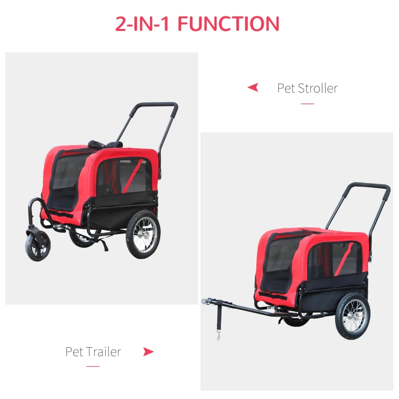 Aosom Dog Bike Trailer 2-In-1 Pet Stroller Cart Bicycle Wagon Cargo Carrier Attachment for Travel with 360 Swivel Wheel, Hitch, Suspension, Safety Flag, Red