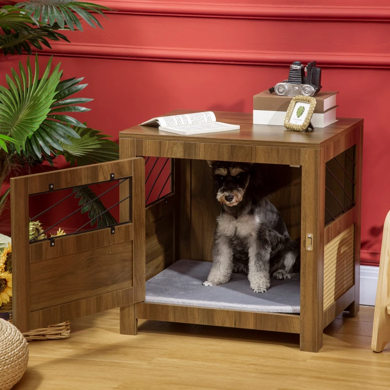 PawHut Dog Crate Furniture with Cushion, Wooden Dog Kennel End Table with Lockable Door, for Miniature Dogs, Indoor, Walnut