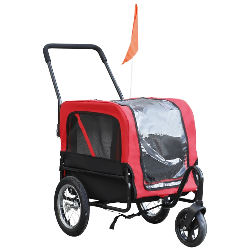 Aosom Dog Bike Trailer 2-In-1 Pet Stroller Cart Bicycle Wagon Cargo Carrier Attachment for Travel with 360 Swivel Wheel, Hitch, Suspension, Safety Flag, Red