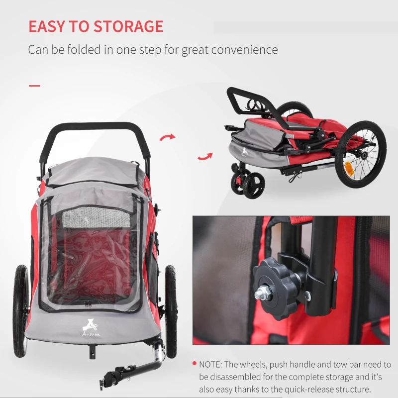 Aosom Dog Bike Trailer 2-In-1 Pet Stroller Cart Bicycle Wagon Cargo Carrier Attachment for Travel with 360 Swivel Wheel Reflectors Parking Brake Straps Cup Holder Red
